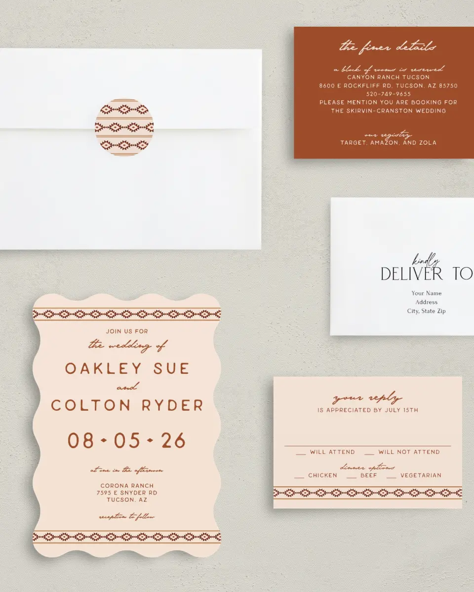 This is a 5" x 7" Wavy Wedding Invitation called Wild at Heart printed in full color with Silver foil on Luxe Satin (coated) paper