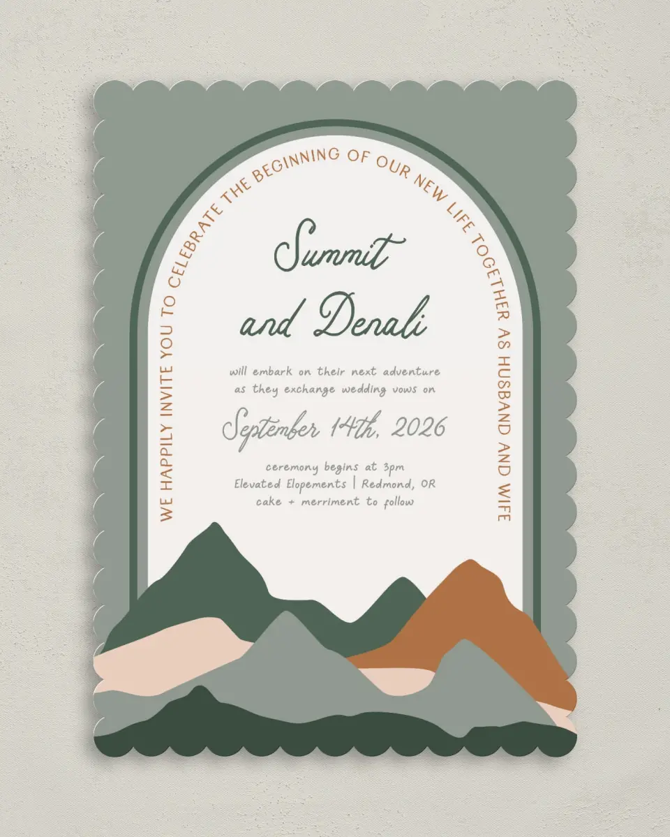 This is a 5" x 7" Classic Wedding Invitation called Elevated Adventures printed in full color on Premium Smooth paper