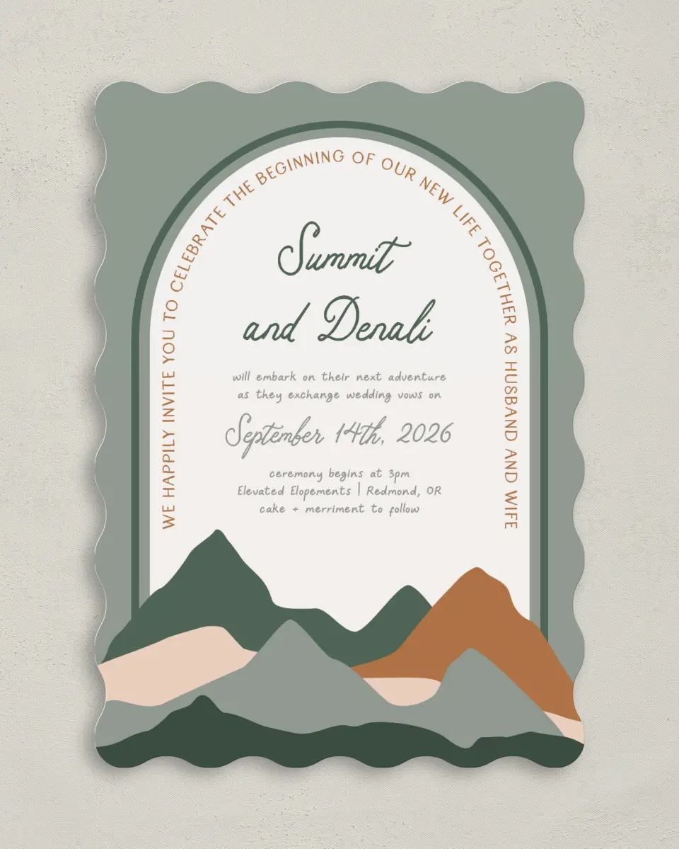 This is a 5" x 7" Wavy Wedding Invitation called Elevated Adventures printed in full color on Premium Smooth paper