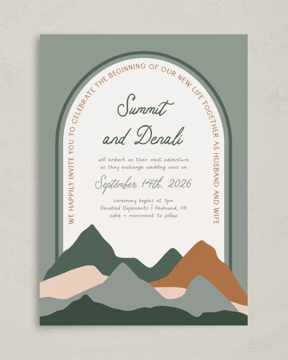 This is a 5" x 7" Classic Wedding Invitation called Elevated Adventures printed in full color on Premium Smooth paper