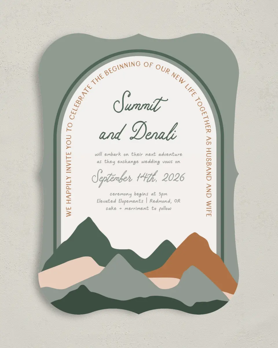 This is a 5" x 7" Bracket Wedding Invitation called Elevated Adventures printed in full color on Premium Smooth paper