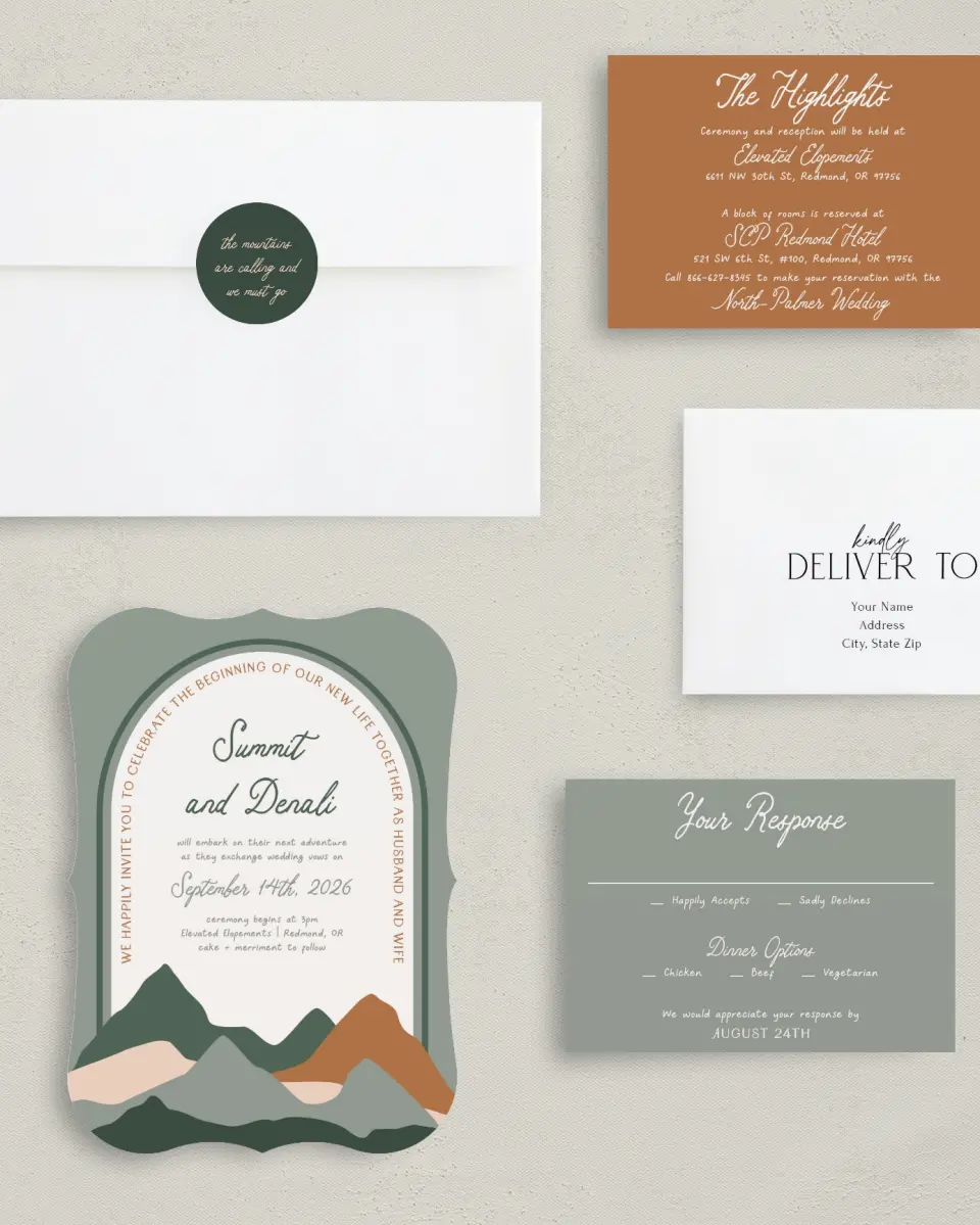 This is a 5" x 7" Bracket Wedding Invitation called Elevated Adventures printed in full color with Silver foil on Luxe Satin (coated) paper