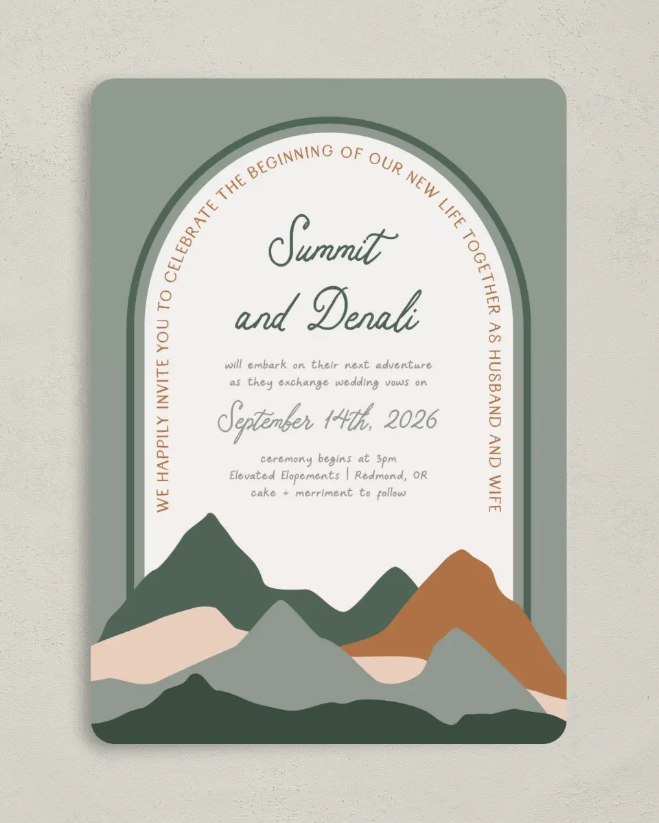 This is a 5" x 7" Rounded Wedding Invitation called Elevated Adventures printed in full color on Premium Smooth paper