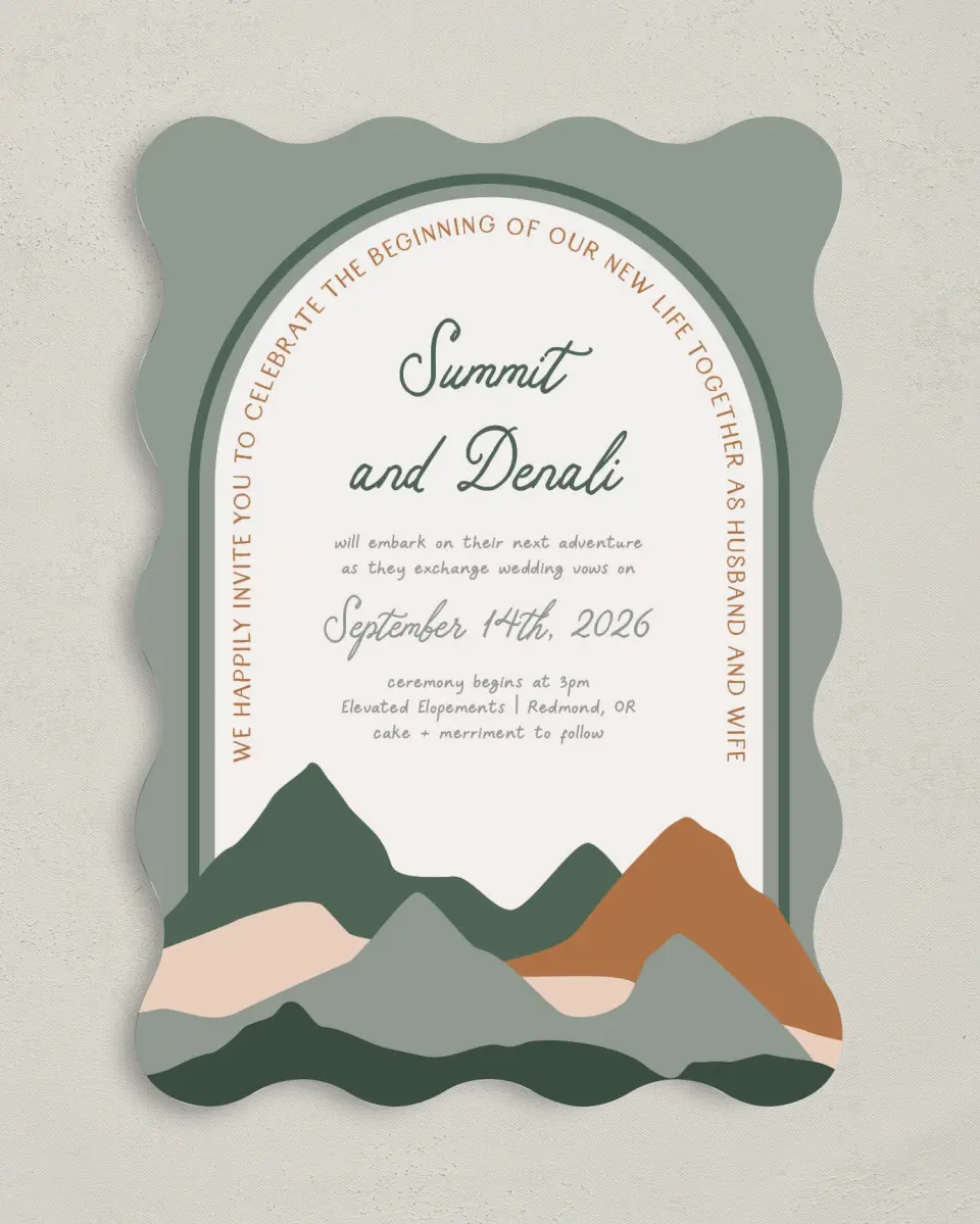 This is a 5" x 7" Wavy Wedding Invitation called Elevated Adventures printed in full color on Premium Smooth paper