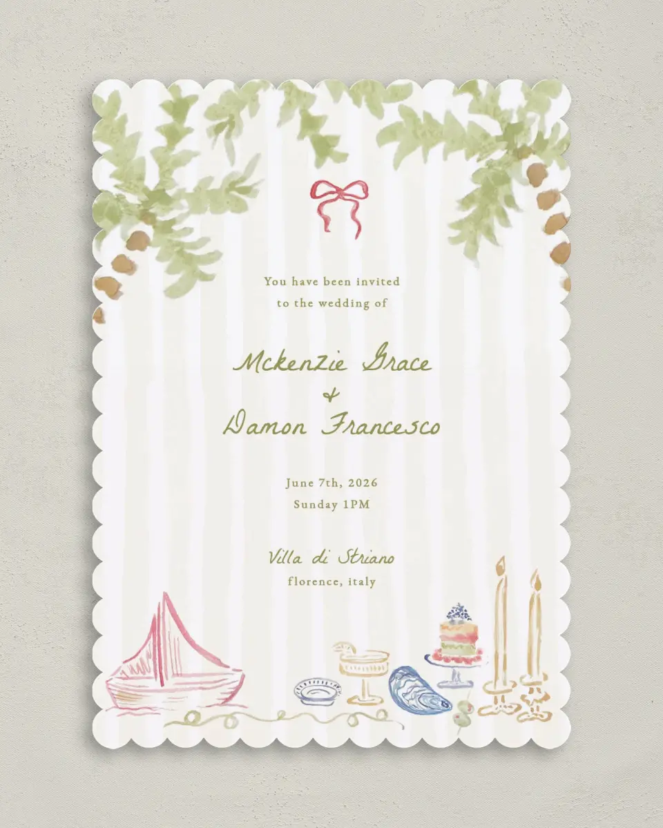 This is a 5" x 7" Classic Wedding Invitation called Positano Daydream printed in full color on Premium Smooth paper