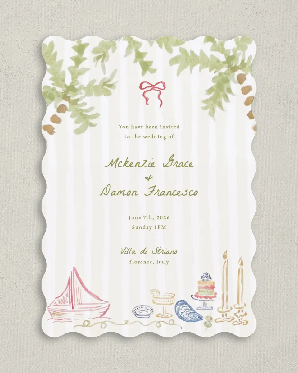 This is a 5" x 7" Wavy Wedding Invitation called Positano Daydream printed in full color on Premium Smooth paper