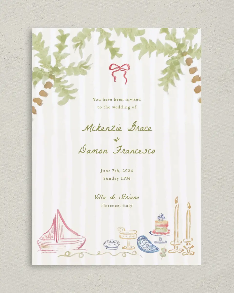 This is a 5" x 7" Classic Wedding Invitation called Positano Daydream printed in full color on Premium Smooth paper