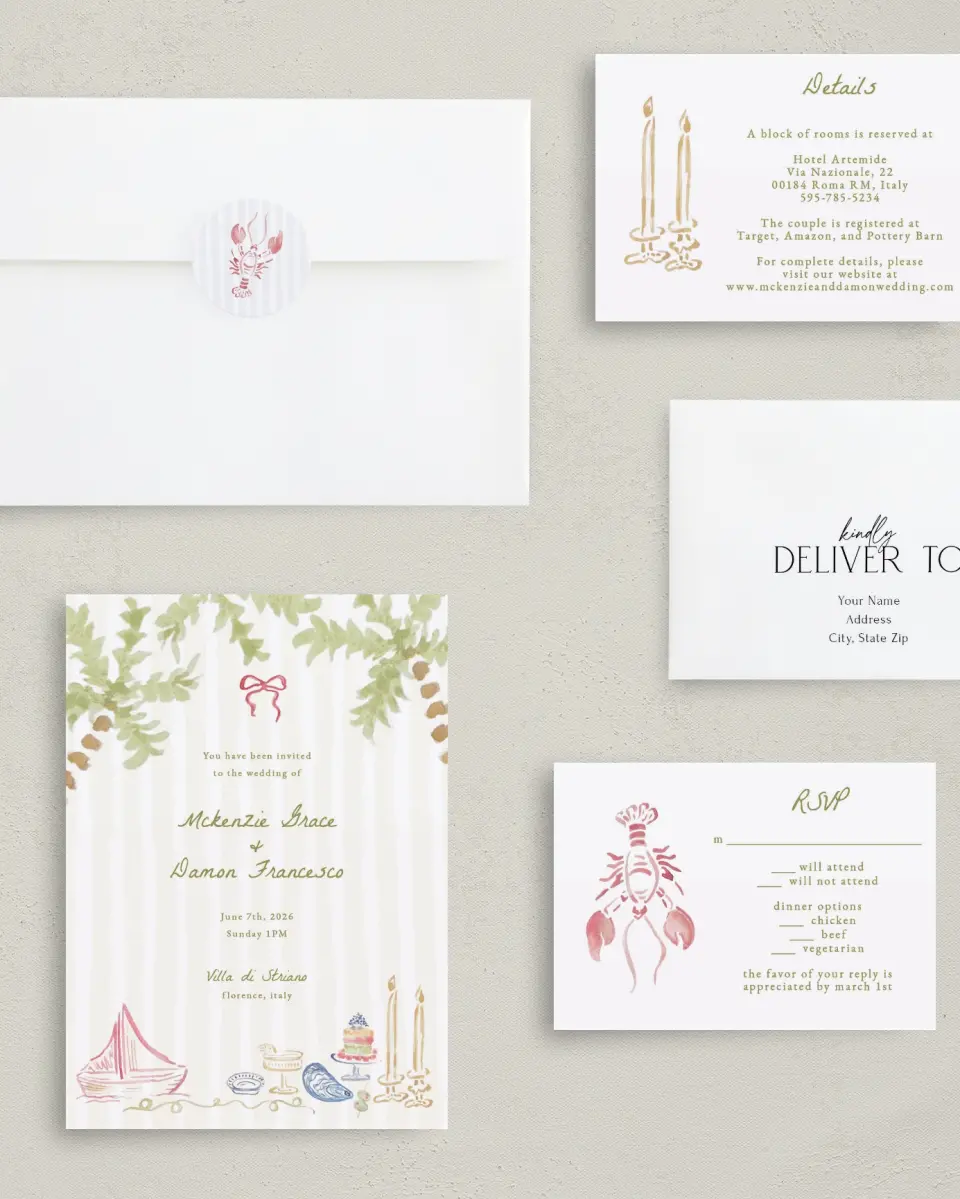 This is a 5" x 7" Classic Wedding Invitation called Positano Daydream printed in full color on Premium Smooth paper