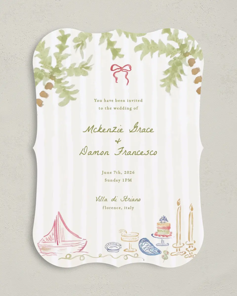 This is a 5" x 7" Bracket Wedding Invitation called Positano Daydream printed in full color with Silver foil on Luxe Satin (coated) paper