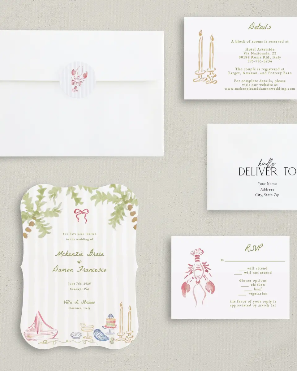 This is a 5" x 7" Bracket Wedding Invitation called Positano Daydream printed in full color with Silver foil on Luxe Satin (coated) paper