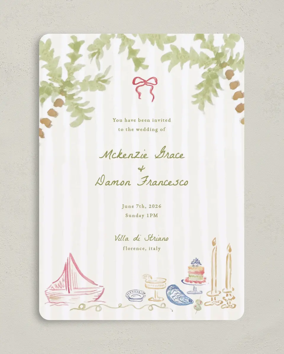 This is a 5" x 7" Rounded Wedding Invitation called Positano Daydream printed in full color on Premium Smooth paper