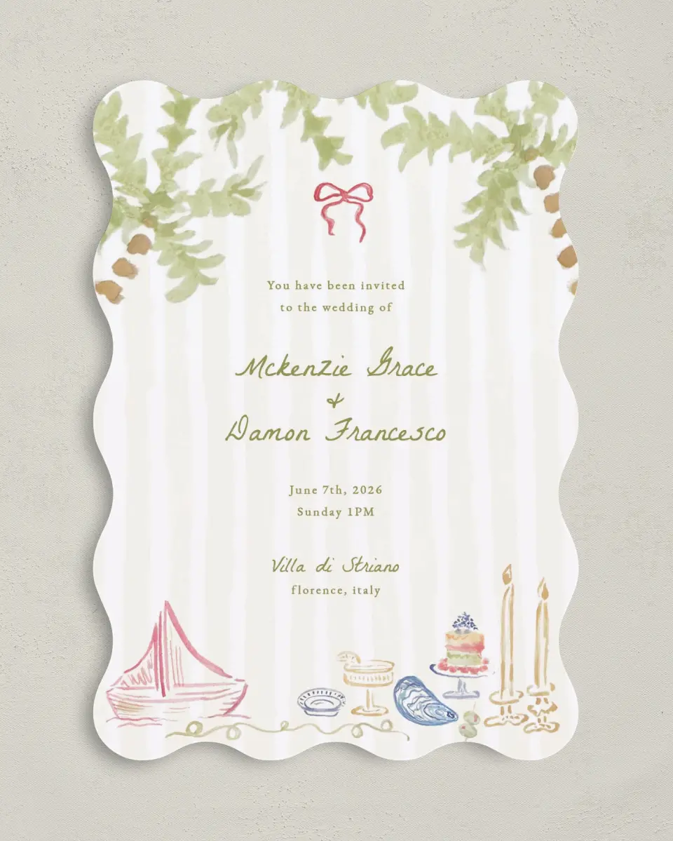 This is a 5" x 7" Wavy Wedding Invitation called Positano Daydream printed in full color on Premium Smooth paper