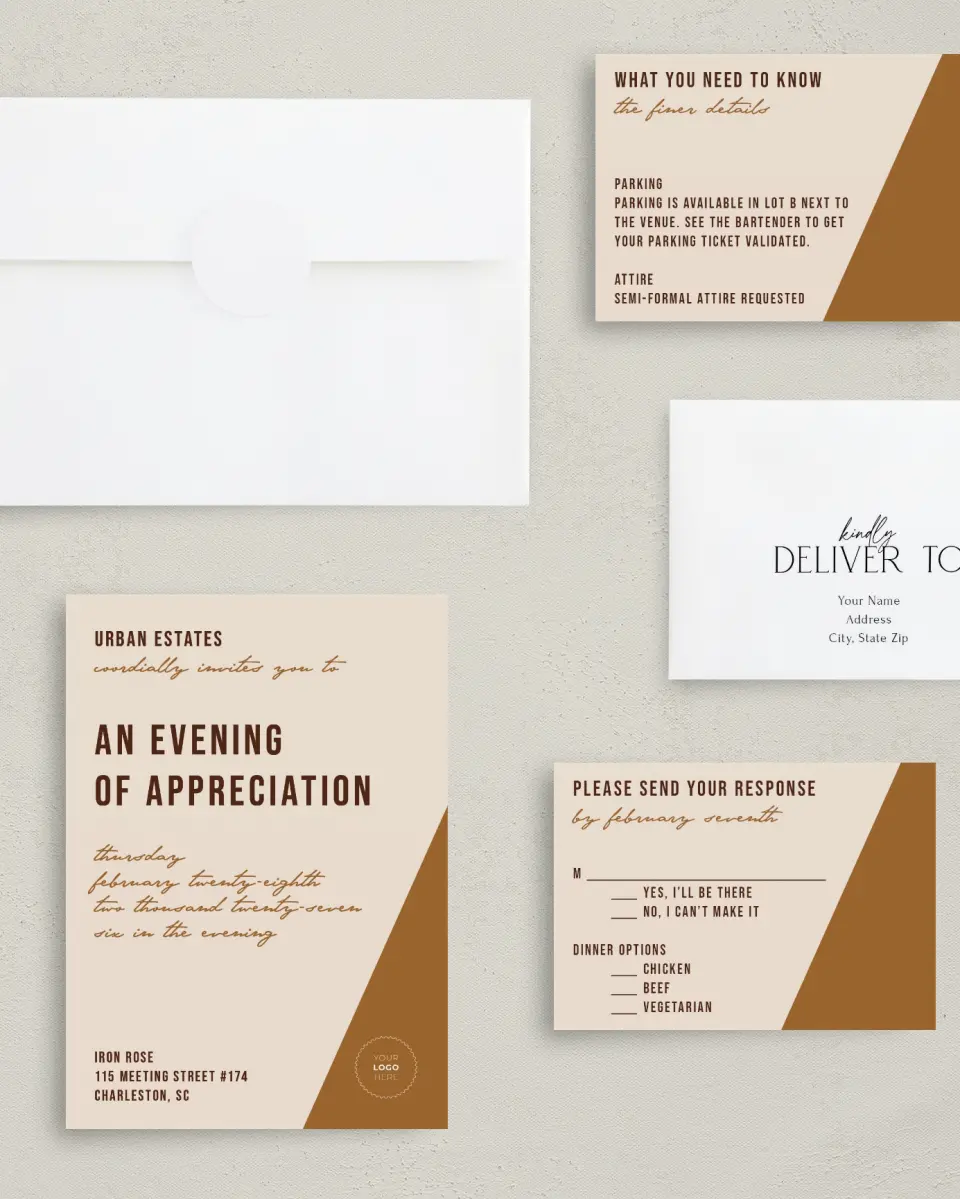 This is a 5" x 7" Rectangle Gala Invitation called Urban Essence printed in full color with Gold foil on Luxe Satin (coated) paper