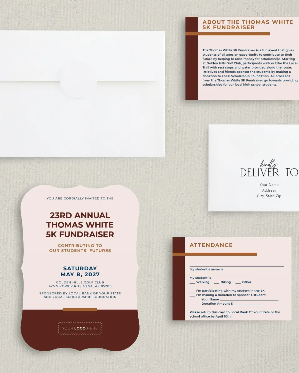 This is a 5" x 7" Bracket Gala Invitation called Cultivating Growth printed in full color with Silver foil on Luxe Satin (coated) paper