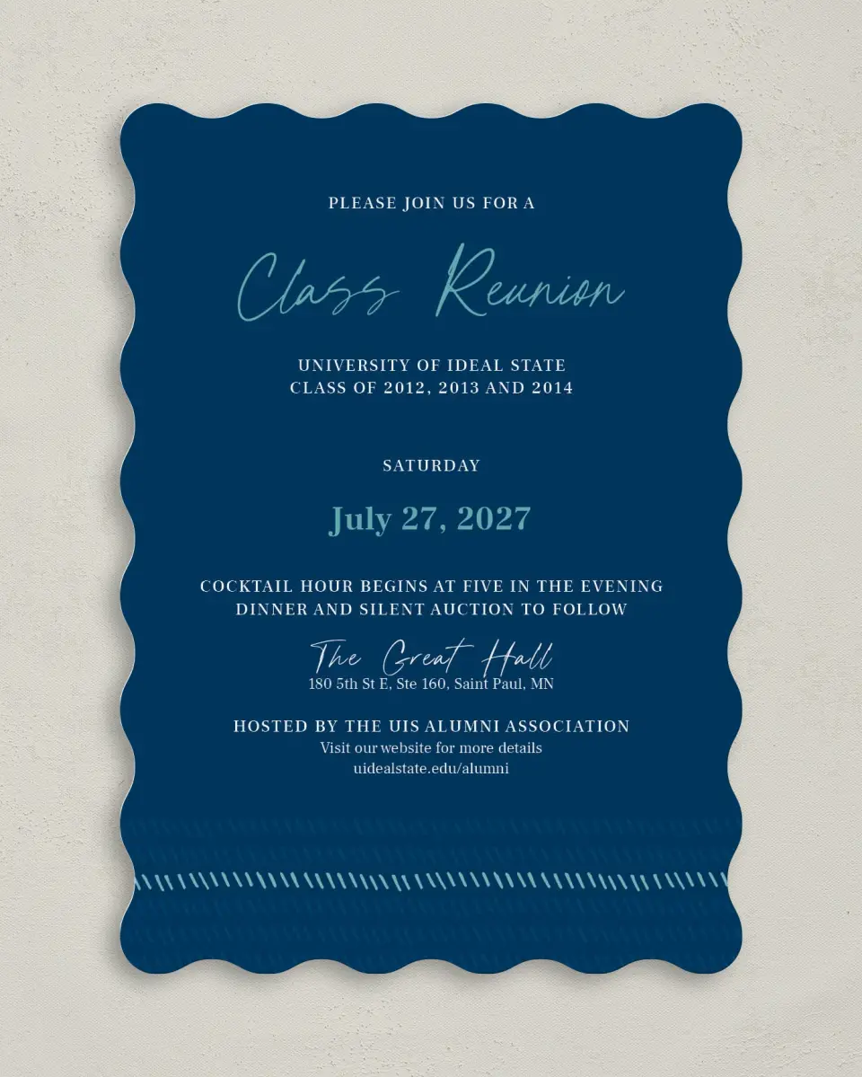 This is a 5" x 7" Wavy Gala Invitation called Spirited Academics printed in full color