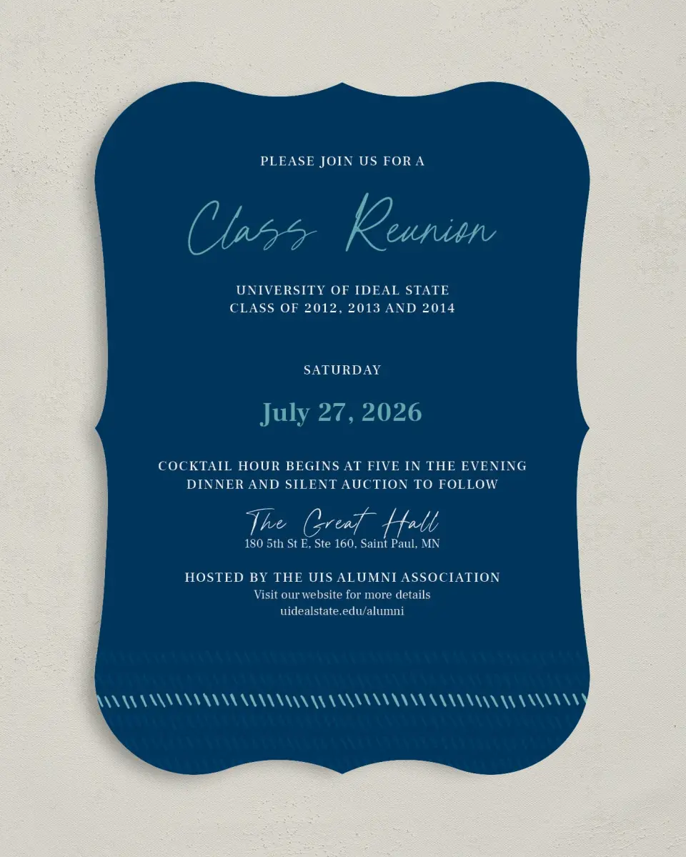 This is a 5" x 7" Bracket Gala Invitation called Spirited Academics printed in full color on Premium Smooth paper