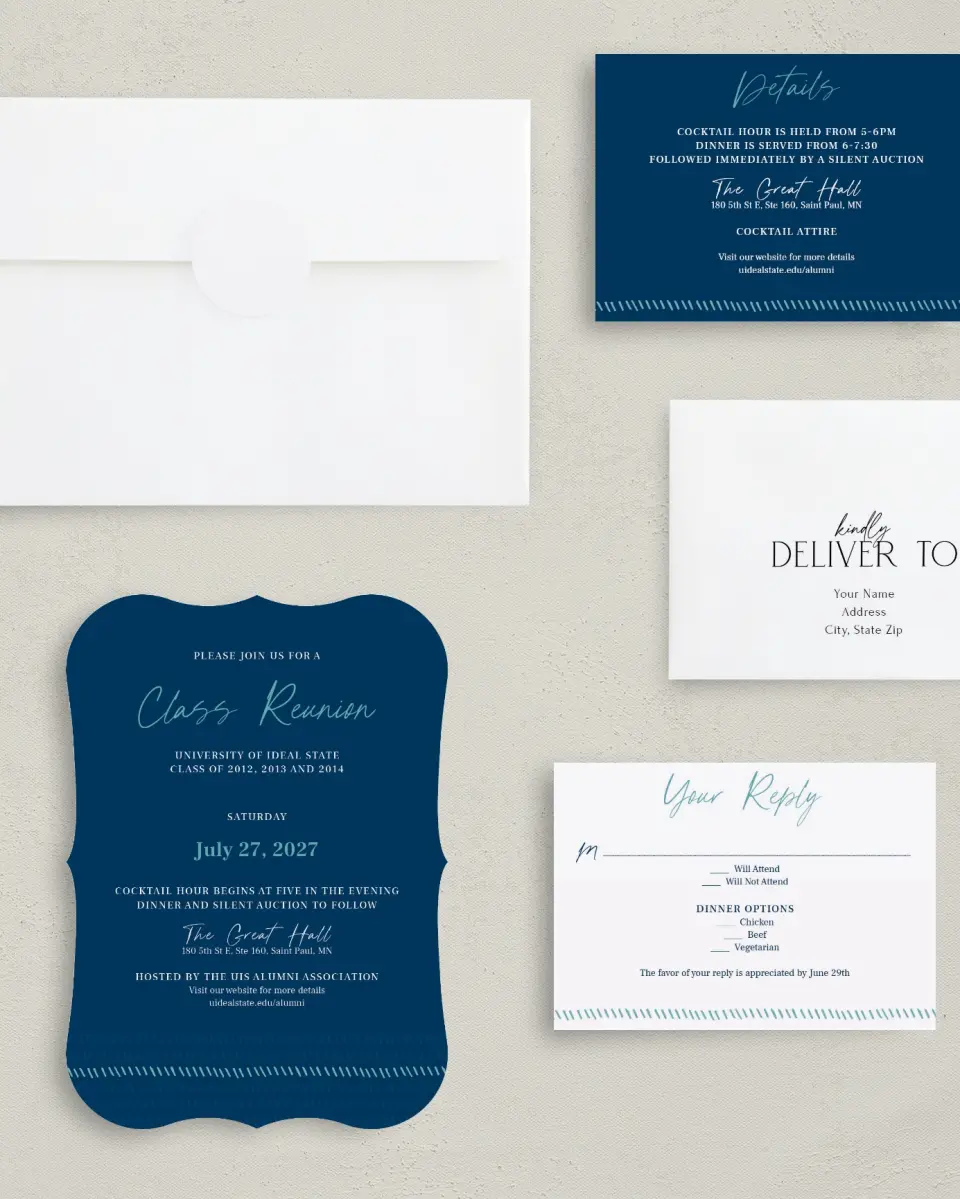 This is a 5" x 7" Bracket Gala Invitation called Spirited Academics printed in full color with Gold foil on Luxe Satin (coated) paper