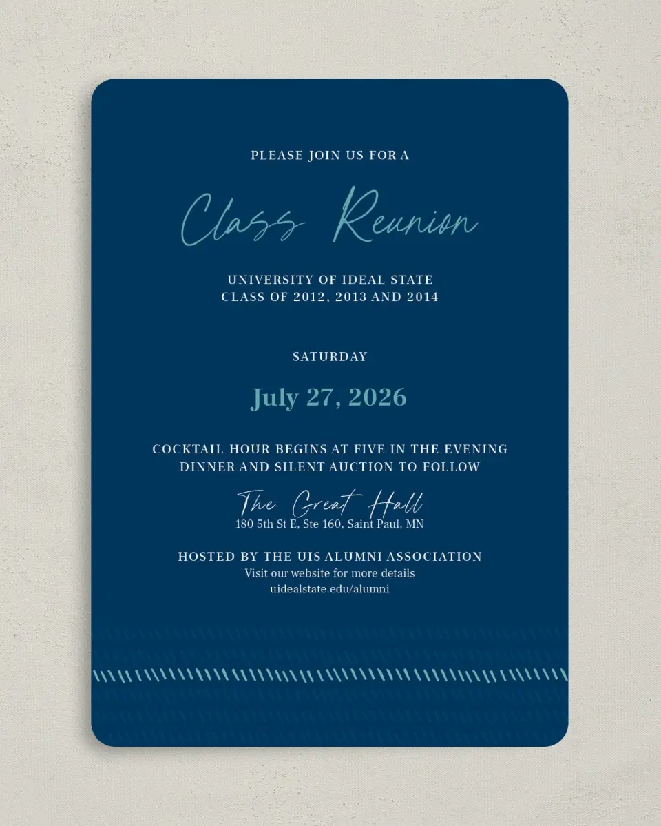 This is a 5" x 7" Rounded Gala Invitation called Spirited Academics printed in full color on Premium Smooth paper