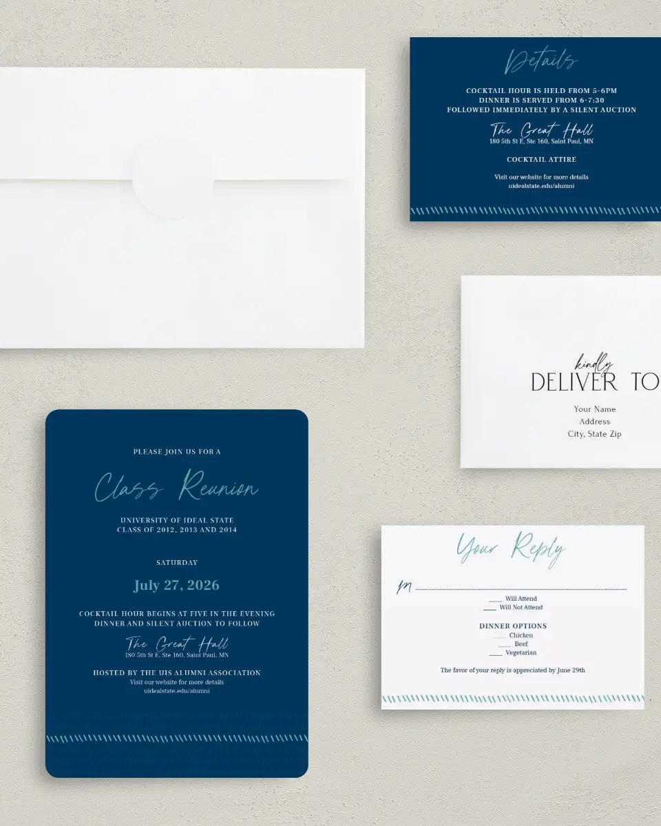 This is a 5" x 7" Rounded Gala Invitation called Spirited Academics printed in full color with Gold foil on Luxe Satin (coated) paper