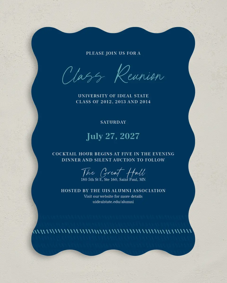 This is a 5" x 7" Wavy Gala Invitation called Spirited Academics printed in full color