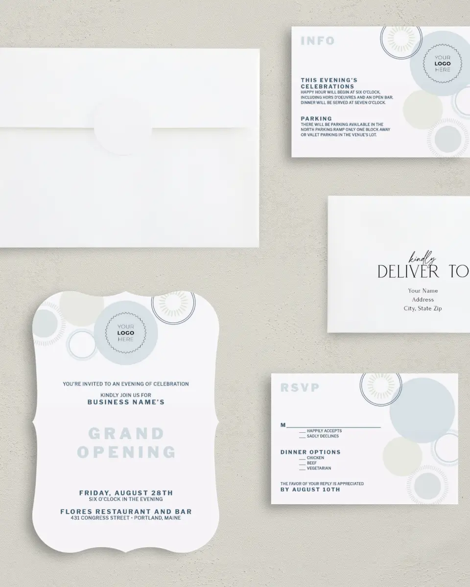 This is a 5" x 7" Bracket Gala Invitation called Popular Spot printed in full color with Silver foil on Luxe Satin (coated) paper