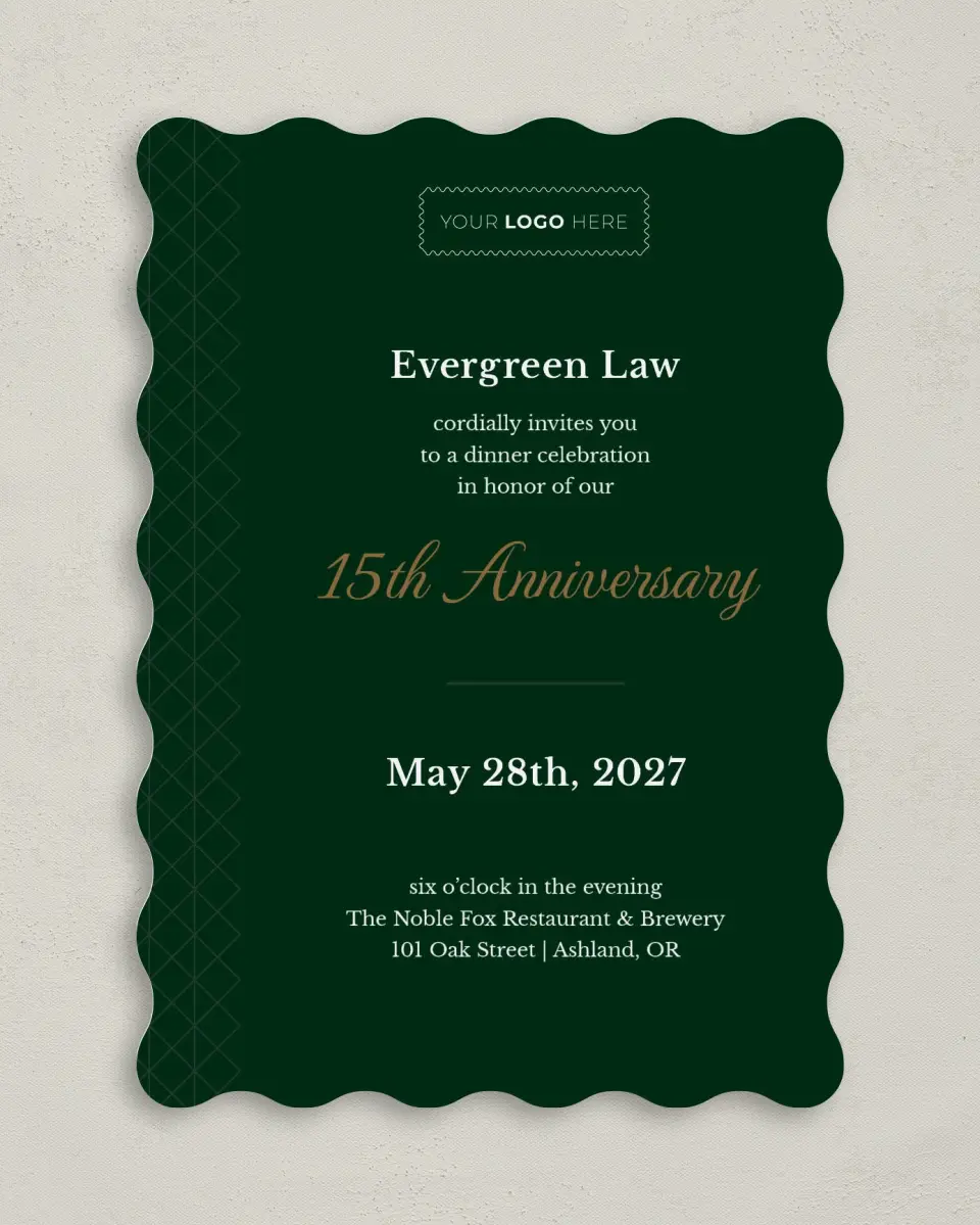 This is a 5" x 7" Wavy Gala Invitation called Enduring Evergreen printed in full color