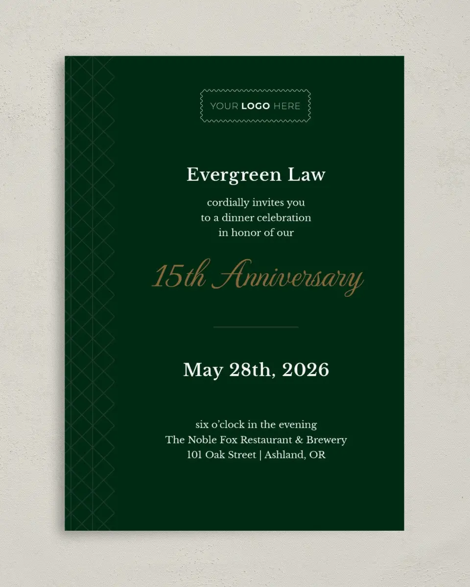 This is a 5" x 7" Rectangle Gala Invitation called Enduring Evergreen printed in full color on Premium Smooth paper
