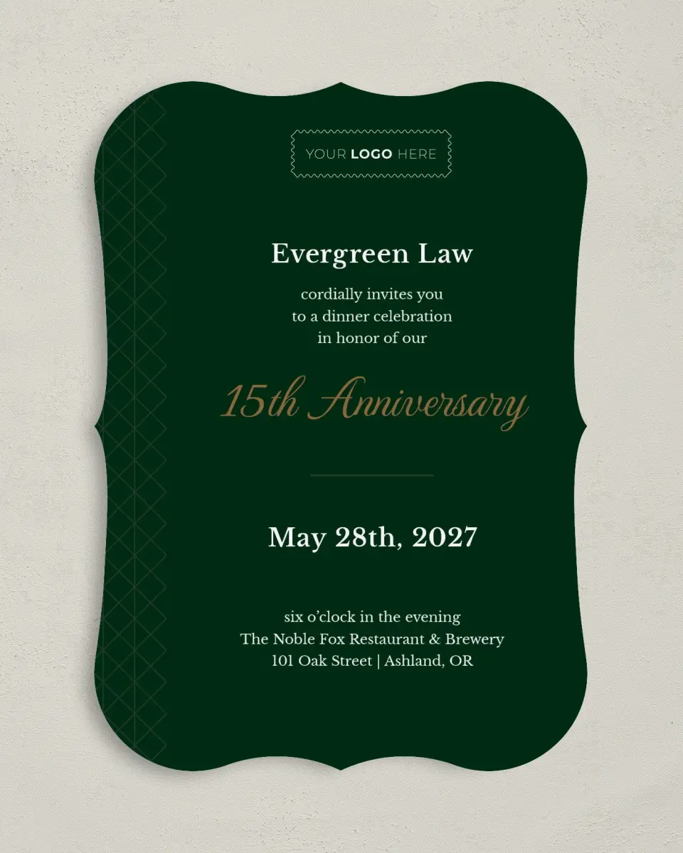 This is a 5" x 7" Bracket Gala Invitation called Enduring Evergreen printed in full color on Premium Smooth paper