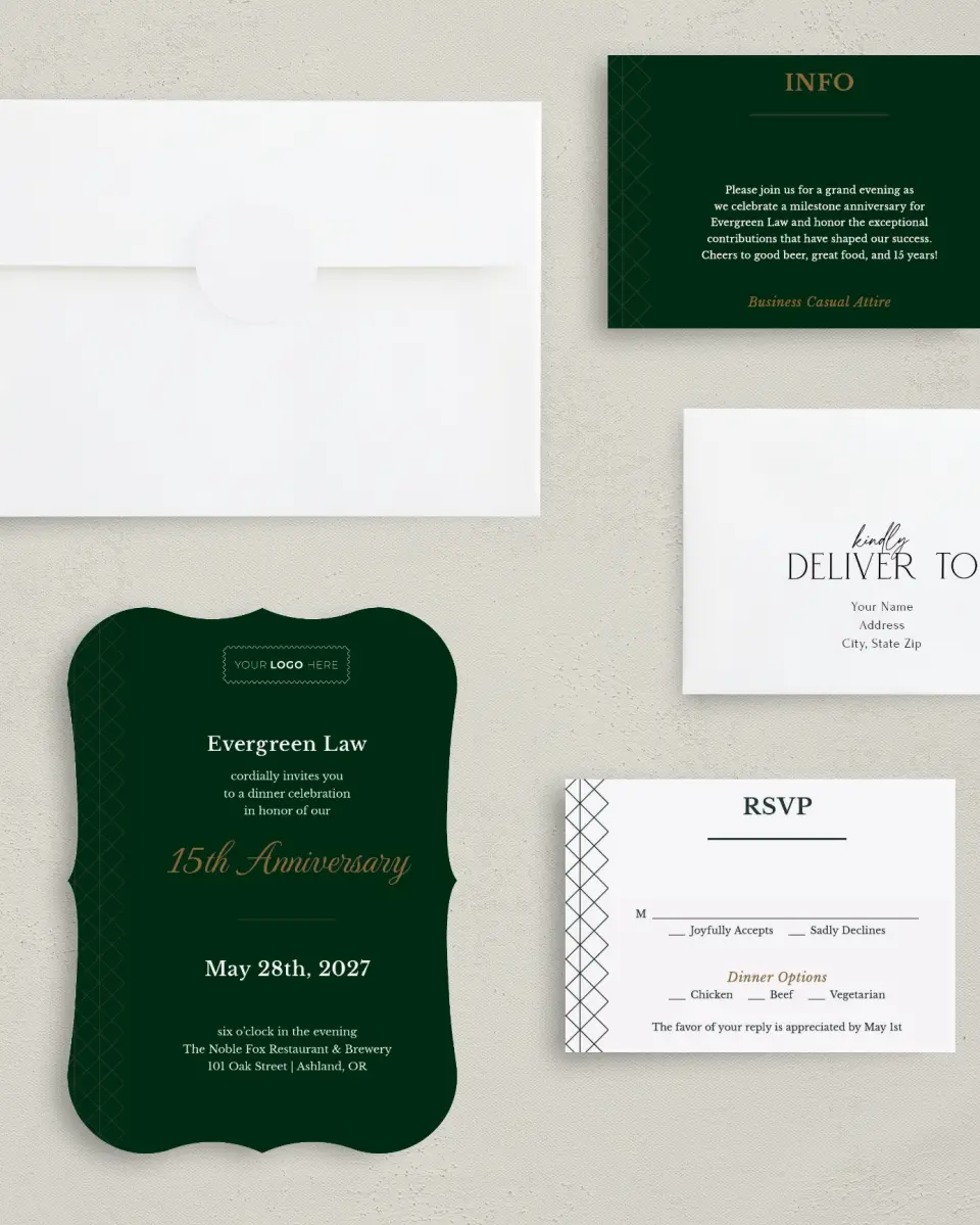 This is a 5" x 7" Bracket Gala Invitation called Enduring Evergreen printed in full color with Silver foil on Luxe Satin (coated) paper