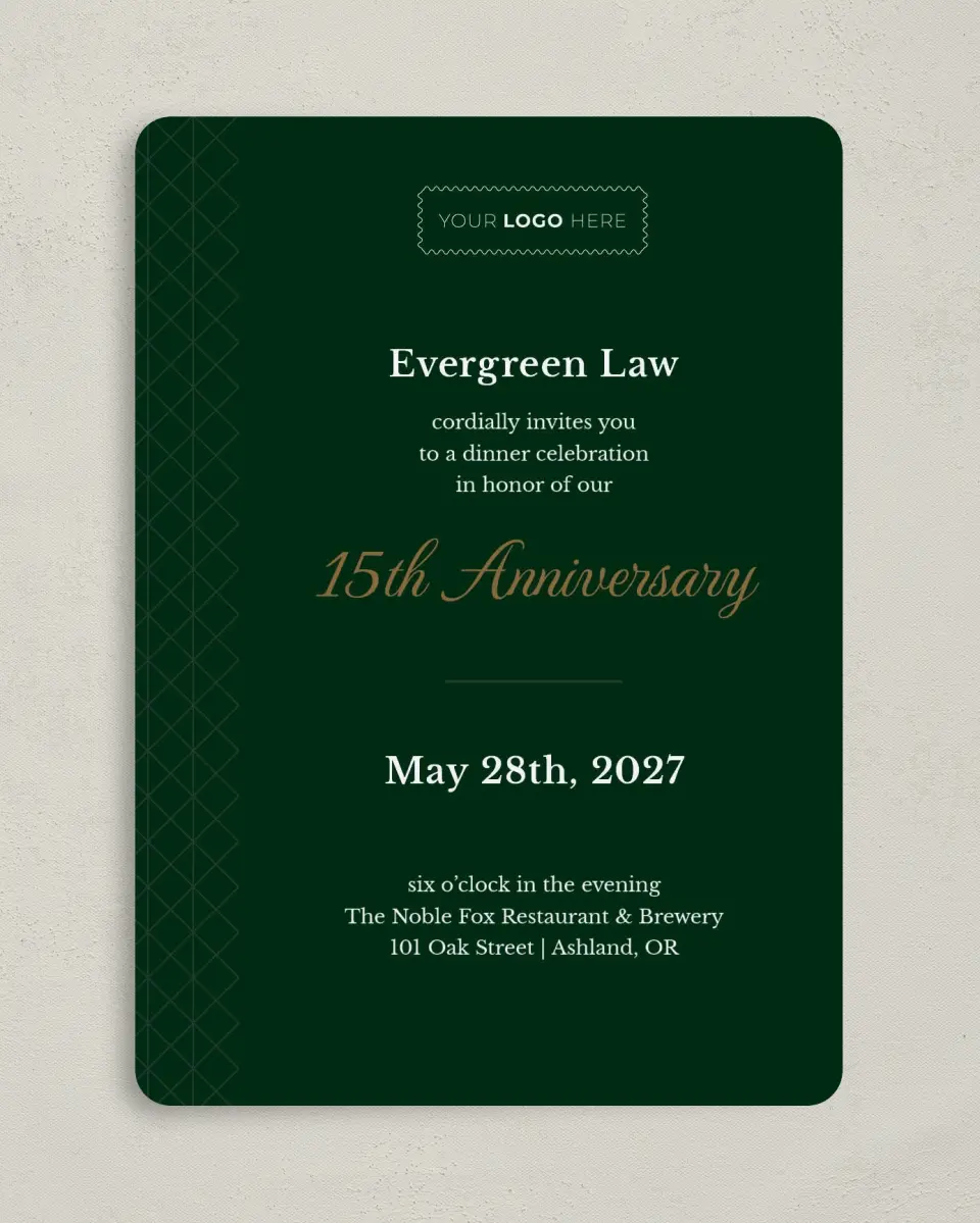 This is a 5" x 7" Rounded Gala Invitation called Enduring Evergreen printed in full color on Premium Smooth paper