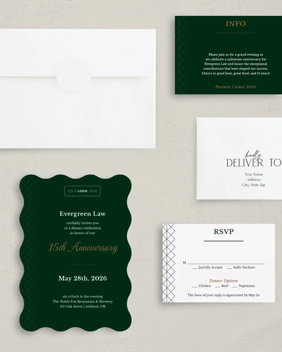 This is a 5" x 7" Wavy Gala Invitation called Enduring Evergreen printed in full color with Gold foil on Luxe Satin (coated) paper