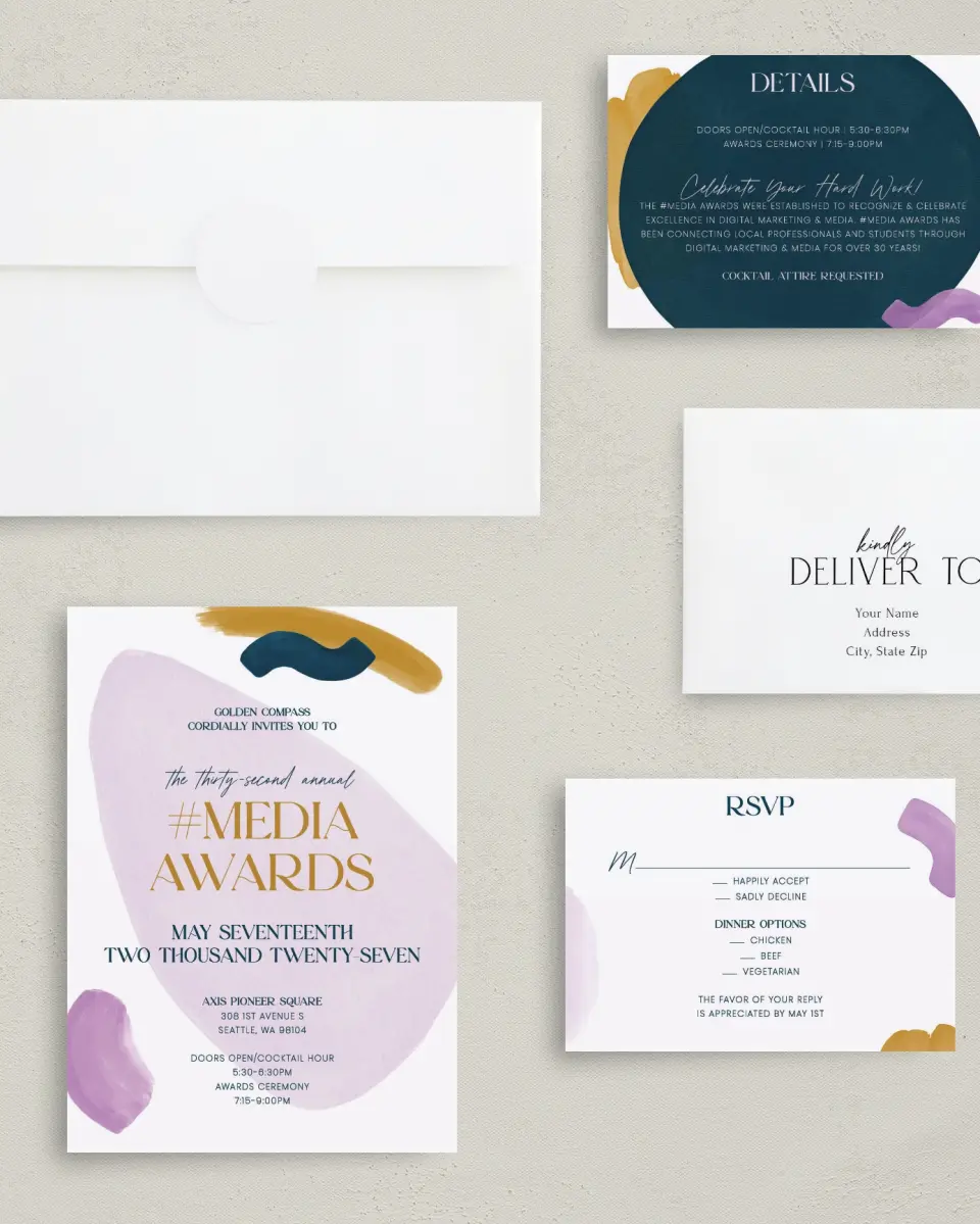 This is a 5" x 7" Rectangle Gala Invitation called Cordially Colorful printed in full color with Rose Gold foil on Luxe Satin (coated) paper