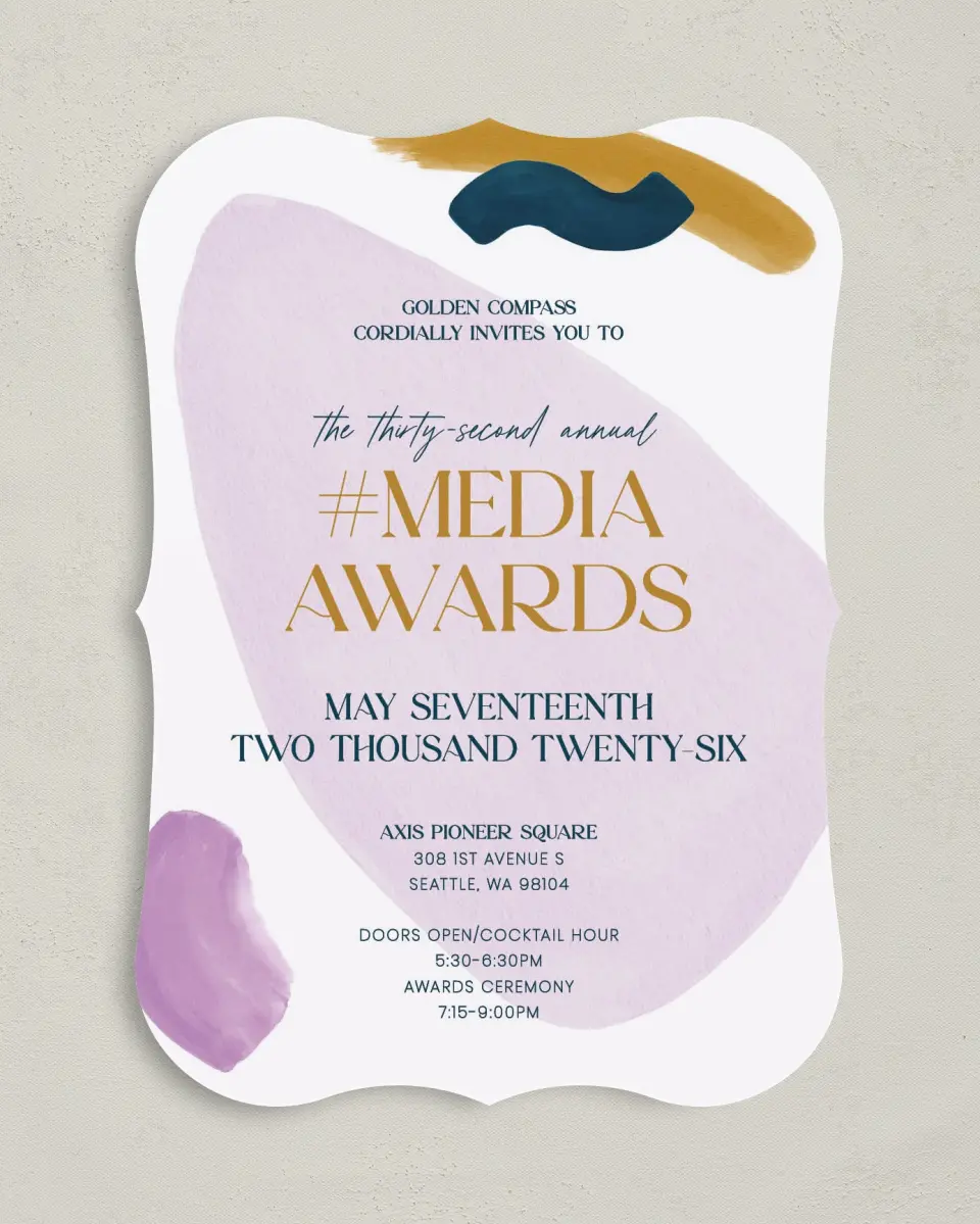 This is a 5" x 7" Bracket Gala Invitation called Cordially Colorful printed in full color on Premium Smooth paper
