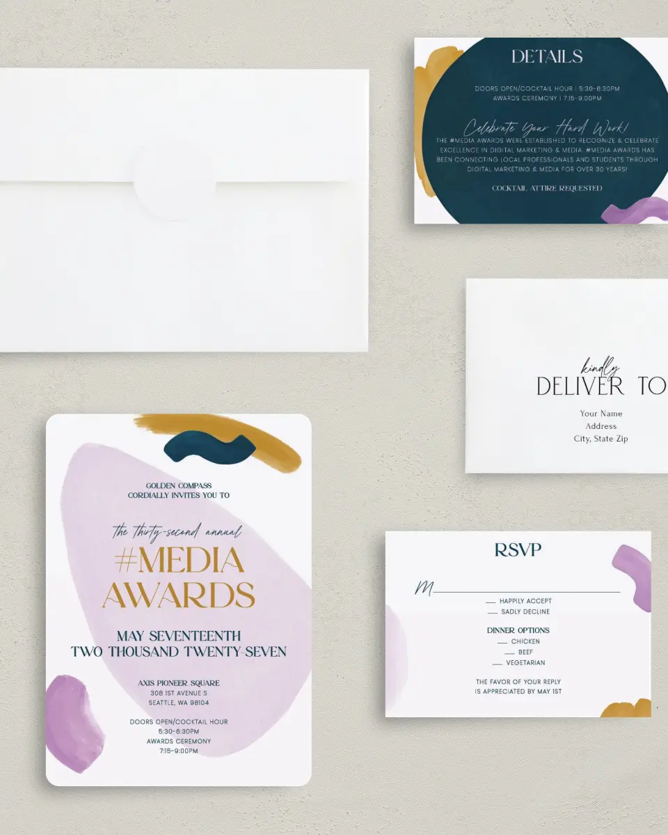 This is a 5" x 7" Rounded Gala Invitation called Cordially Colorful printed in full color with Gold foil on Luxe Satin (coated) paper