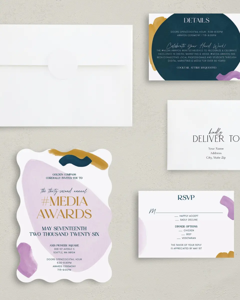 This is a 5" x 7" Wavy Gala Invitation called Cordially Colorful printed in full color with Gold foil on Luxe Satin (coated) paper
