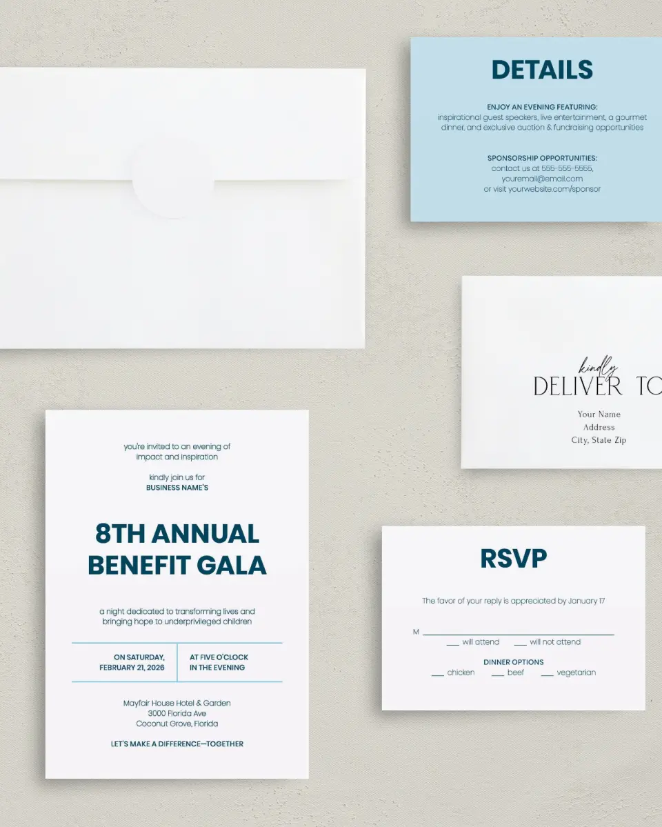 This is a 5" x 7" Rectangle Gala Invitation called Circular Focus printed in full color with Rose Gold foil on Luxe Satin (coated) paper