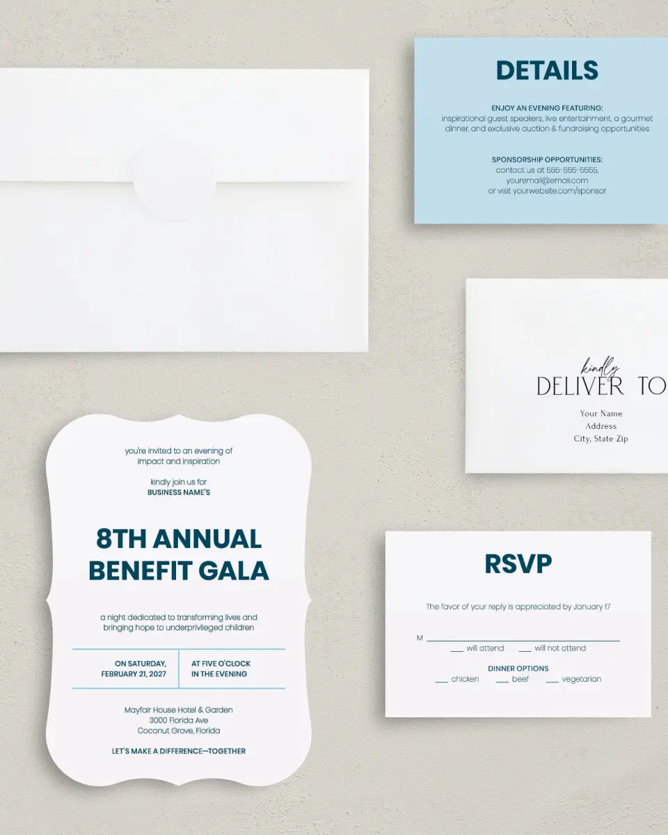 This is a 5" x 7" Bracket Gala Invitation called Circular Focus printed in full color with Gold foil on Luxe Satin (coated) paper