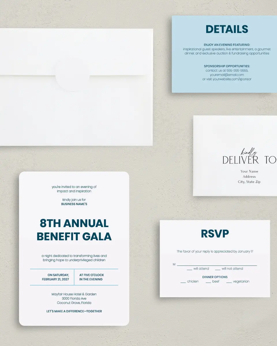 This is a 5" x 7" Rounded Gala Invitation called Circular Focus printed in full color with Gold foil on Luxe Satin (coated) paper