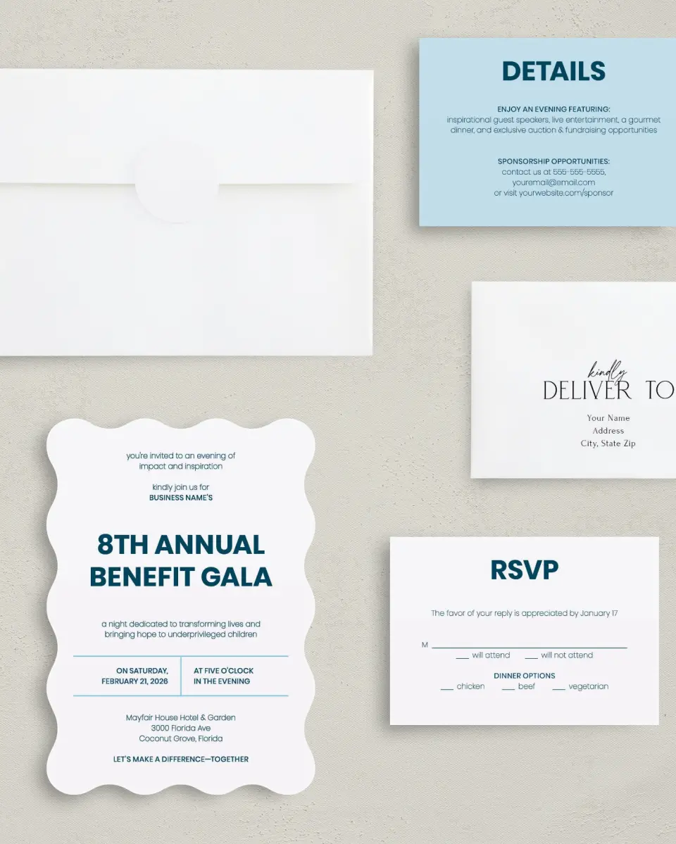 This is a 5" x 7" Wavy Gala Invitation called Circular Focus printed in full color with Gold foil on Luxe Satin (coated) paper
