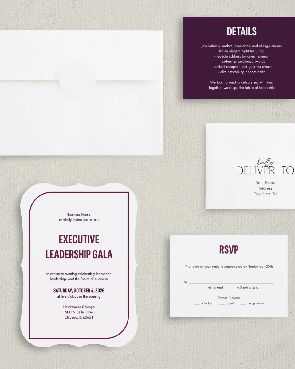 This is a 5" x 7" Bracket Gala Invitation called Sharp Structure printed in full color with Silver foil on Luxe Satin (coated) paper