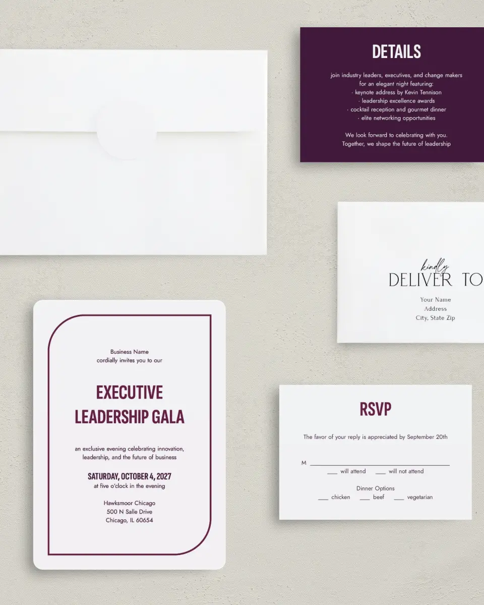 This is a 5" x 7" Rounded Gala Invitation called Sharp Structure printed in full color with Gold foil on Luxe Satin (coated) paper