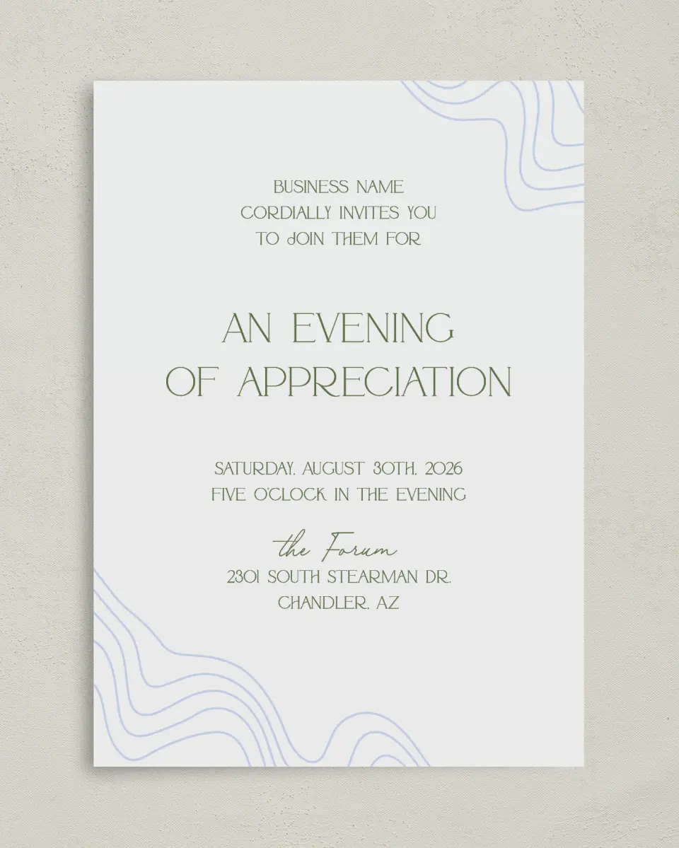 This is a 5" x 7" Rectangle Gala Invitation called Contoured Connection printed in full color on Premium Smooth paper