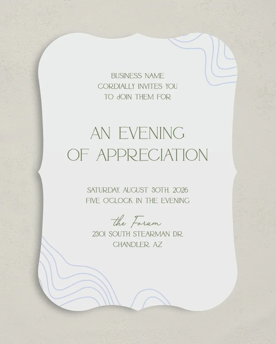 This is a 5" x 7" Bracket Gala Invitation called Contoured Connection printed in full color on Premium Smooth paper