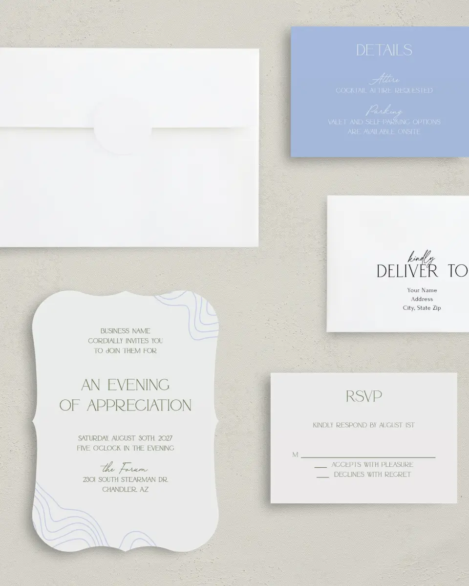 This is a 5" x 7" Bracket Gala Invitation called Contoured Connection printed in full color with Silver foil on Luxe Satin (coated) paper