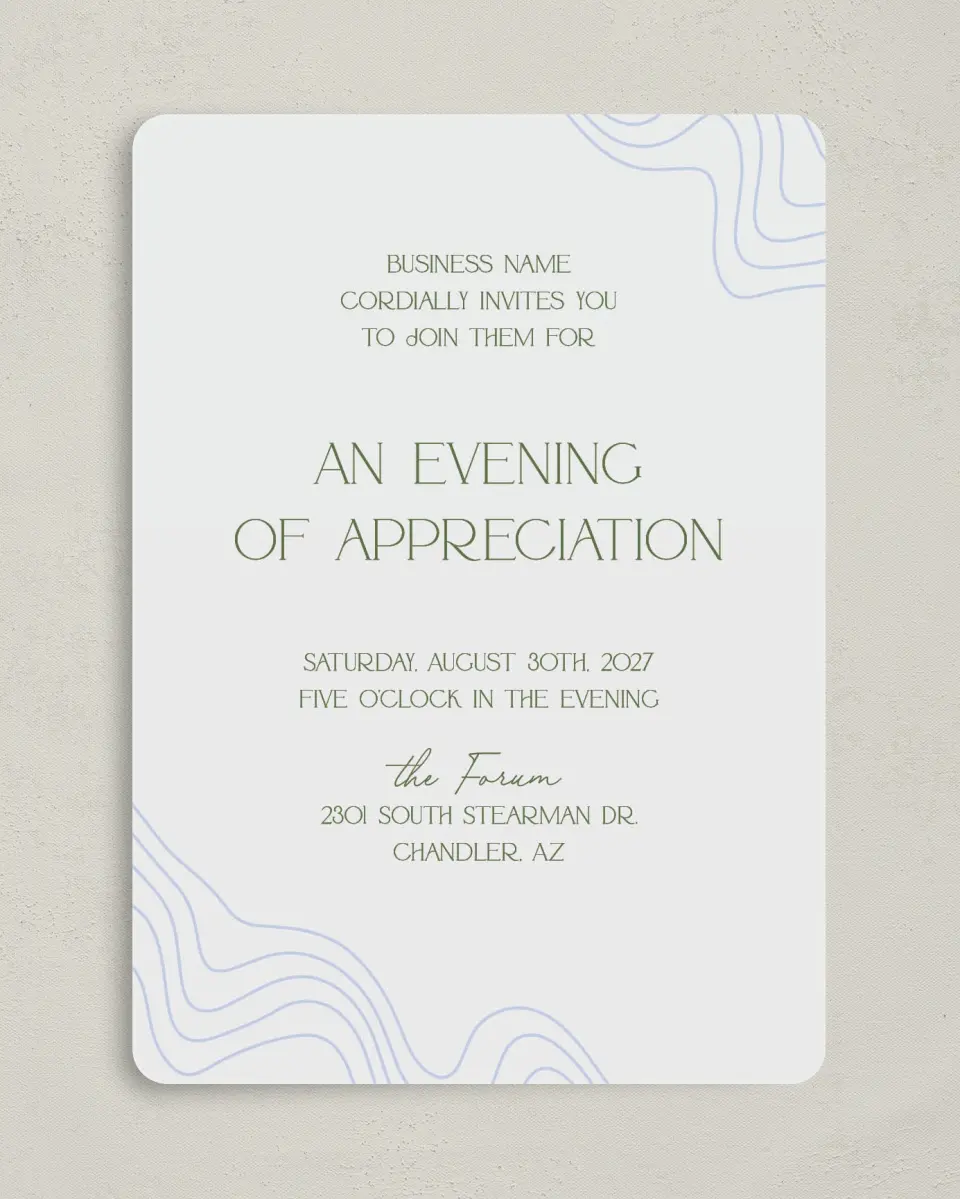 This is a 5" x 7" Rounded Gala Invitation called Contoured Connection printed in full color on Premium Smooth paper