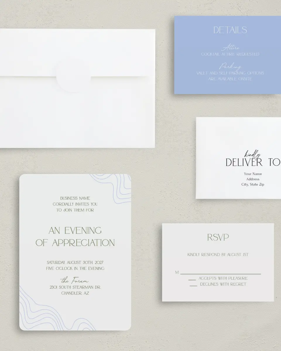 This is a 5" x 7" Rounded Gala Invitation called Contoured Connection printed in full color with Gold foil on Luxe Satin (coated) paper