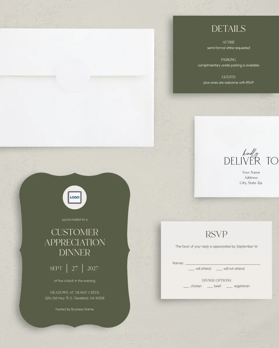 This is a 5" x 7" Bracket Gala Invitation called Refined Approach printed in full color with Gold foil on Luxe Satin (coated) paper