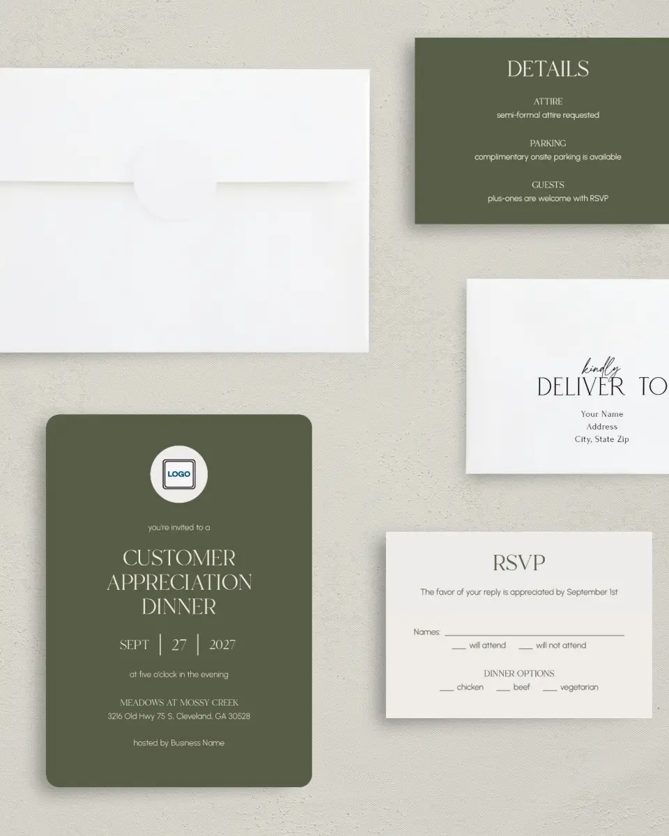 This is a 5" x 7" Rounded Gala Invitation called Refined Approach printed in full color with Gold foil on Luxe Satin (coated) paper