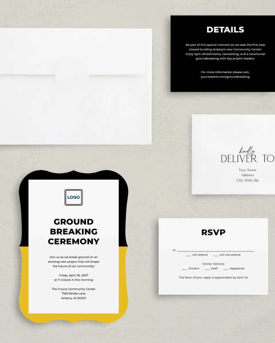 This is a 5" x 7" Bracket Gala Invitation called Bold Framework printed in full color with Silver foil on Luxe Satin (coated) paper