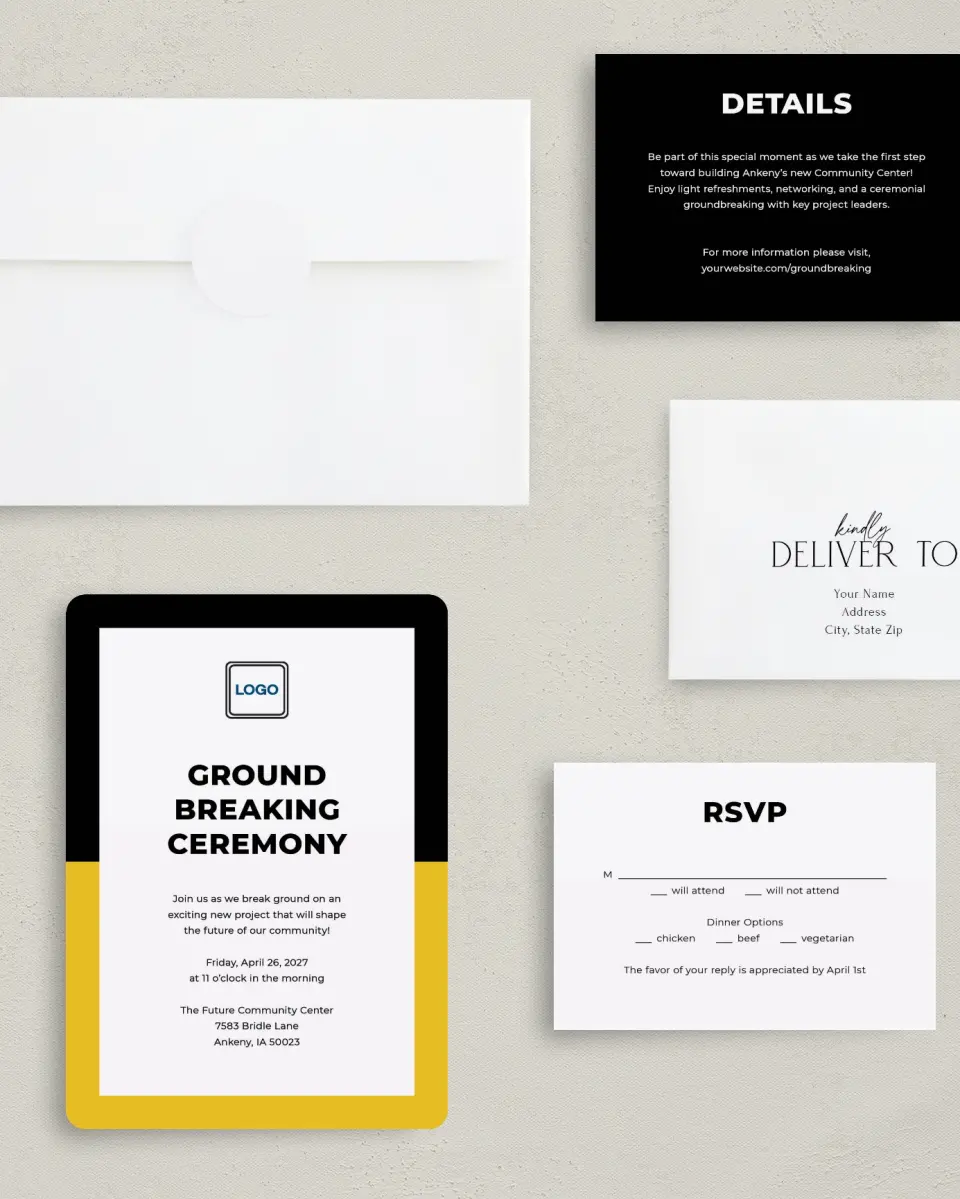 This is a 5" x 7" Rounded Gala Invitation called Bold Framework printed in full color with Gold foil on Luxe Satin (coated) paper